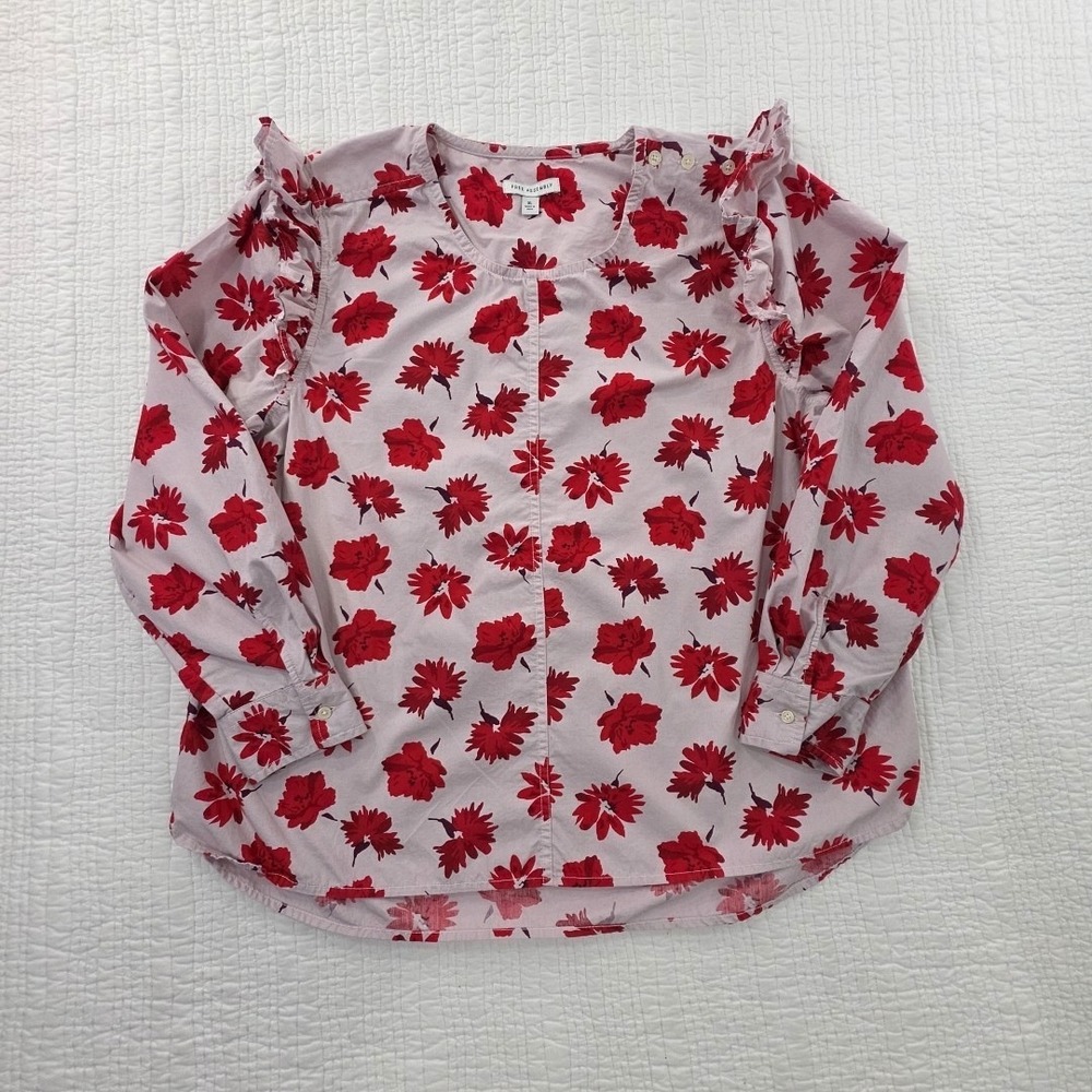 Free Assembly‎ Ruffle Shoulder Tunic Womens XL Red White Floral Long Sleeve